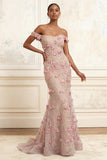 Off the Shoulder Pink Mermaid Floral Long Prom Dress with 3D Flowers