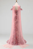 Sparkly Mermaid Tulle Cold Shoulder Pink Sequins Long Prom Dress with Neck Scarf