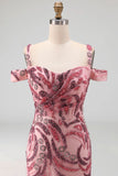 Sparkly Mermaid Tulle Cold Shoulder Pink Sequins Long Prom Dress with Neck Scarf