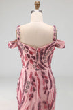 Sparkly Mermaid Tulle Cold Shoulder Pink Sequins Long Prom Dress with Neck Scarf