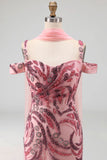 Sparkly Mermaid Tulle Cold Shoulder Pink Sequins Long Prom Dress with Neck Scarf