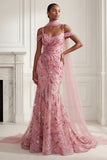 Sparkly Mermaid Tulle Cold Shoulder Pink Sequins Long Prom Dress with Neck Scarf