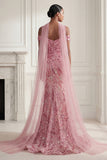 Sparkly Mermaid Tulle Cold Shoulder Pink Sequins Long Prom Dress with Neck Scarf
