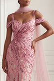 Sparkly Mermaid Tulle Cold Shoulder Pink Sequins Long Prom Dress with Neck Scarf