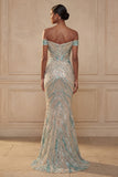 Sparkly Off the Shoulder Mermaid Blue Sequins Long Prom Dress