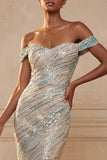 Sparkly Off the Shoulder Mermaid Blue Sequins Long Prom Dress