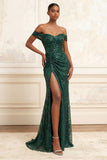 Sparkly Dark Green Mermaid Off the Shoulder Ruched Sequins Long Prom Dress with Slit