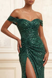 Sparkly Dark Green Mermaid Off the Shoulder Ruched Sequins Long Prom Dress with Slit