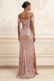 Sparkly Blush Off the Shoulder Mermaid Sequins Ruched Long Prom Dress with Slit