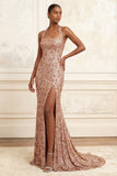Sparkly Halter Neck Mermaid Blush Sequins Ruched Long Prom Dress with Slit