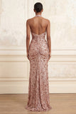 Sparkly Blush Halter Neck Mermaid Ruched Sequins Long Prom Dress with Slit