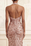 Sparkly Blush Halter Neck Mermaid Ruched Sequins Long Prom Dress with Slit
