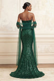 Sparkly Dark Green Mermaid Strapless Sequins Long Prom Dress with Cape