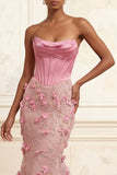 Mermaid Pink Strapless Corset Ruched Basque Waist Long Prom Dress with 3D Flowers