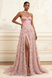 A-Line Pink Sweetheart Corset 3D Flowers Long Prom Dress with Slit