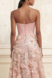 Blush A-Line Strapless Corset Sequins Floral Long Prom Dress with 3D Flowers