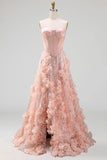 Blush A-Line Strapless Corset Sequins Basque Waist Floral Long Prom Dress with Slit