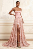 Blush A-Line Strapless Corset Sequins Basque Waist Floral Long Prom Dress with Slit