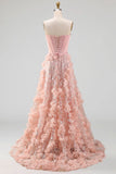 Blush A-Line Strapless Corset Sequins Basque Waist Floral Long Prom Dress with Slit