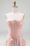 Blush A-Line Strapless Corset Sequins Basque Waist Floral Long Prom Dress with Slit
