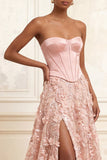 Blush A-Line Strapless Corset Sequins Basque Waist Floral Long Prom Dress with Slit