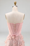 Blush A-Line Strapless Corset Sequins Basque Waist Floral Long Prom Dress with Slit