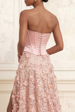 Blush A-Line Strapless Corset Sequins Basque Waist Floral Long Prom Dress with Slit