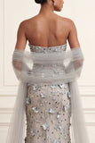 Silver Mermaid Strapless Sequins Appliqued Floral Long Prom Dress with Cape