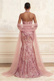 Sparkly Pink Mermaid Strapless Sequins Long Prom Dress with Cape