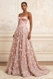 Blush A-Line Strapless Corset Sequins Appliqued Long Prom Dress with 3D Flowers