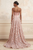 Blush A-Line Strapless Corset Sequins Appliqued Long Prom Dress with 3D Flowers
