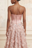 Blush A-Line Strapless Corset Sequins Appliqued Long Prom Dress with 3D Flowers