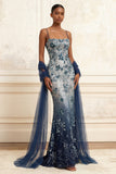 Floral Embroidery Ombre Sequin Long Prom Dress with Tulle Shawl