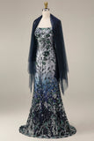 Floral Embroidery Ombre Sequin Long Prom Dress with Tulle Shawl
