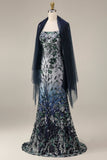 Sparkly Navy Mermaid Sequins Long Prom Dress with Cape