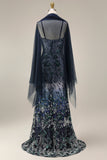 Sparkly Navy Mermaid Sequins Long Prom Dress with Cape