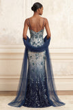 Sparkly Navy Mermaid Sequins Long Prom Dress with Cape