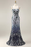 Floral Embroidery Ombre Sequin Long Prom Dress with Tulle Shawl