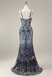 Floral Embroidery Ombre Sequin Long Prom Dress with Tulle Shawl