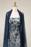Floral Embroidery Ombre Sequin Long Prom Dress with Tulle Shawl