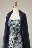 Floral Embroidery Ombre Sequin Long Prom Dress with Tulle Shawl