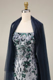 Sparkly Navy Mermaid Sequins Long Prom Dress with Cape