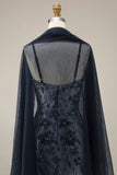 Sparkly Navy Mermaid Sequins Long Prom Dress with Cape