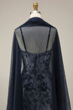 Floral Embroidery Ombre Sequin Long Prom Dress with Tulle Shawl