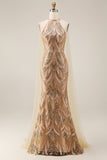 Sparkly Champagne Halter Mermaid Sequins Long Evening Dress