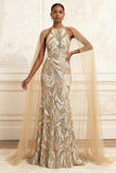 Sparkly Mermaid Champagne Halter Neck Sequins Long Prom Dress with Cape