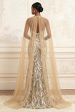 Sparkly Mermaid Champagne Halter Neck Sequins Long Prom Dress with Cape