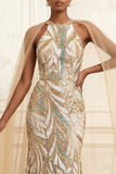 Sparkly Mermaid Champagne Halter Neck Sequins Long Prom Dress with Cape