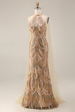 Sparkly Champagne Halter Mermaid Sequins Long Evening Dress