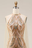 Sparkly Champagne Halter Mermaid Sequins Long Evening Dress